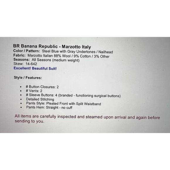 BR Banana Republic 40L 35x31 Slim Steel Blue Italian Marzotto Wool Suit - Picture 3 of 16